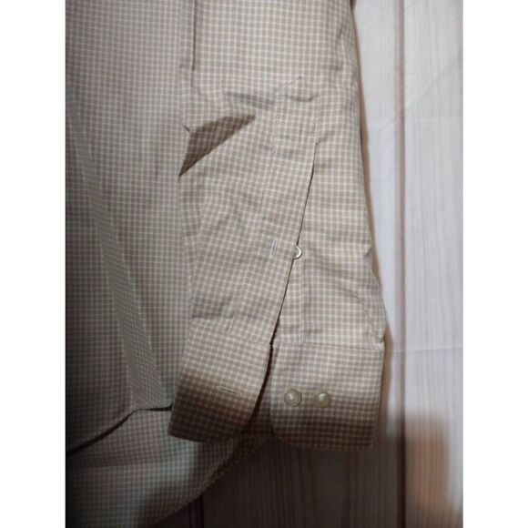 Land's End Shirt Men's Medium Tan White Button Front Long Sleeve Easy Care - Picture 4 of 8